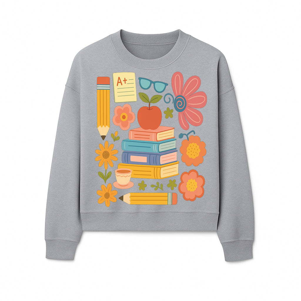 Colorful School Supplies Print - Books, Pencil, Apple, Flowers, and Glasses - Cute Classroom Decor for Kids or Teachers - Sweatshirt 1758093379694.jpg