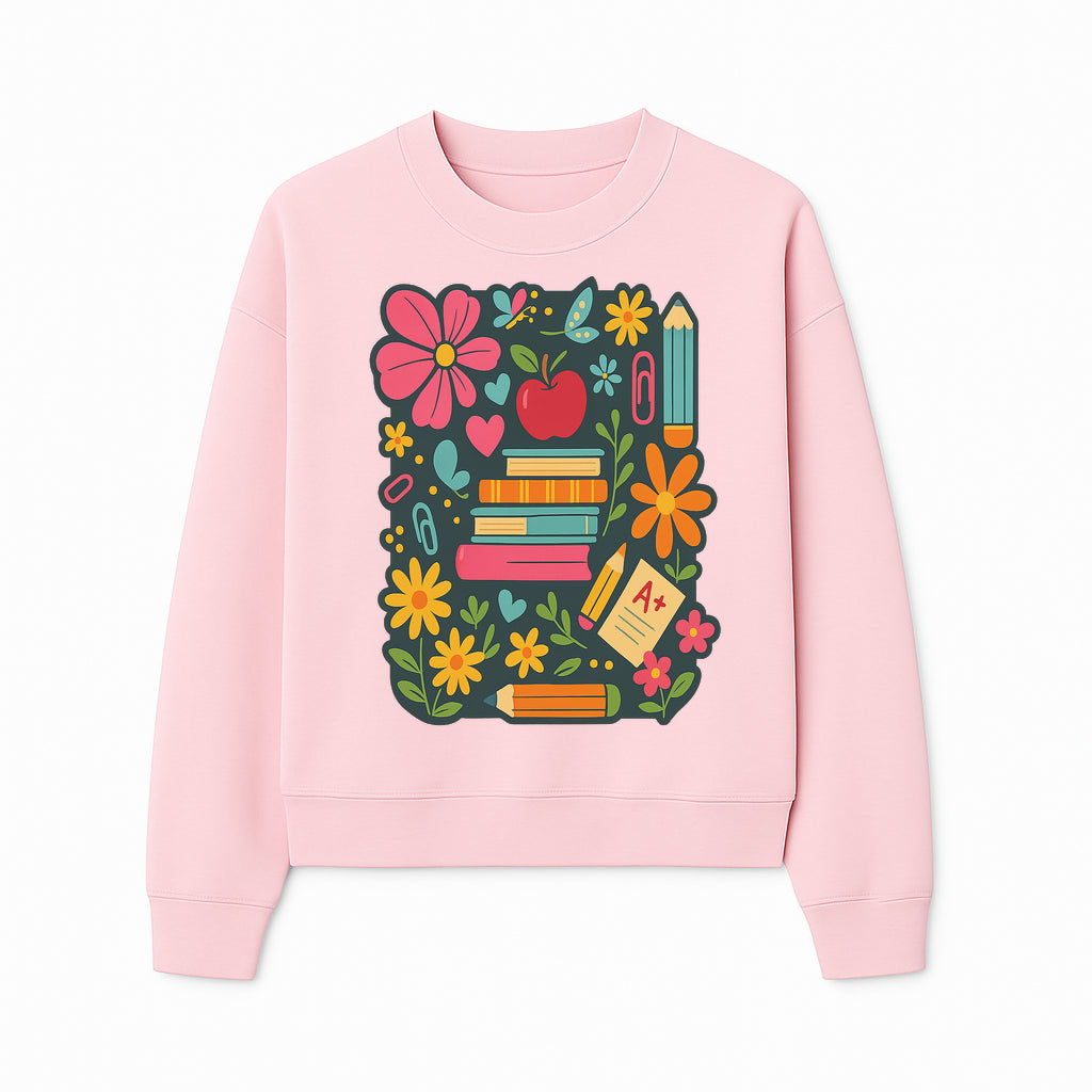 Colorful School Supplies and Flowers Illustration, Cute Educational Wall Art, Back to School Decor, Classroom Decoration, Kids Room Art - Sweatshirt 1758093379713.jpg