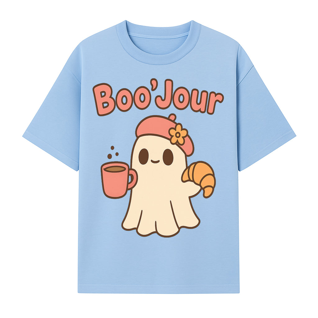 Cute Ghost Boo'Jour with Coffee and Croissant - Fun Halloween Decor, Ghost Lover Gift, Whimsical Art Print, Cozy Apparel - T-shirt 1758093379727.jpg