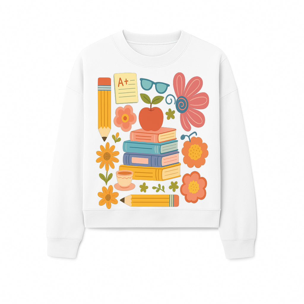 Colorful School Supplies Print - Books, Pencil, Apple, Flowers, and Glasses - Cute Classroom Decor for Kids or Teachers - Sweatshirt 1758093379886.jpg