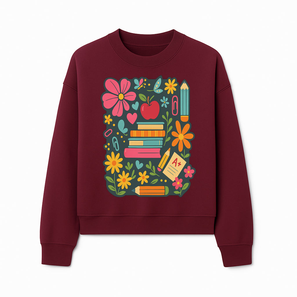Colorful School Supplies and Flowers Illustration, Cute Educational Wall Art, Back to School Decor, Classroom Decoration, Kids Room Art - Sweatshirt 1758093379894.jpg