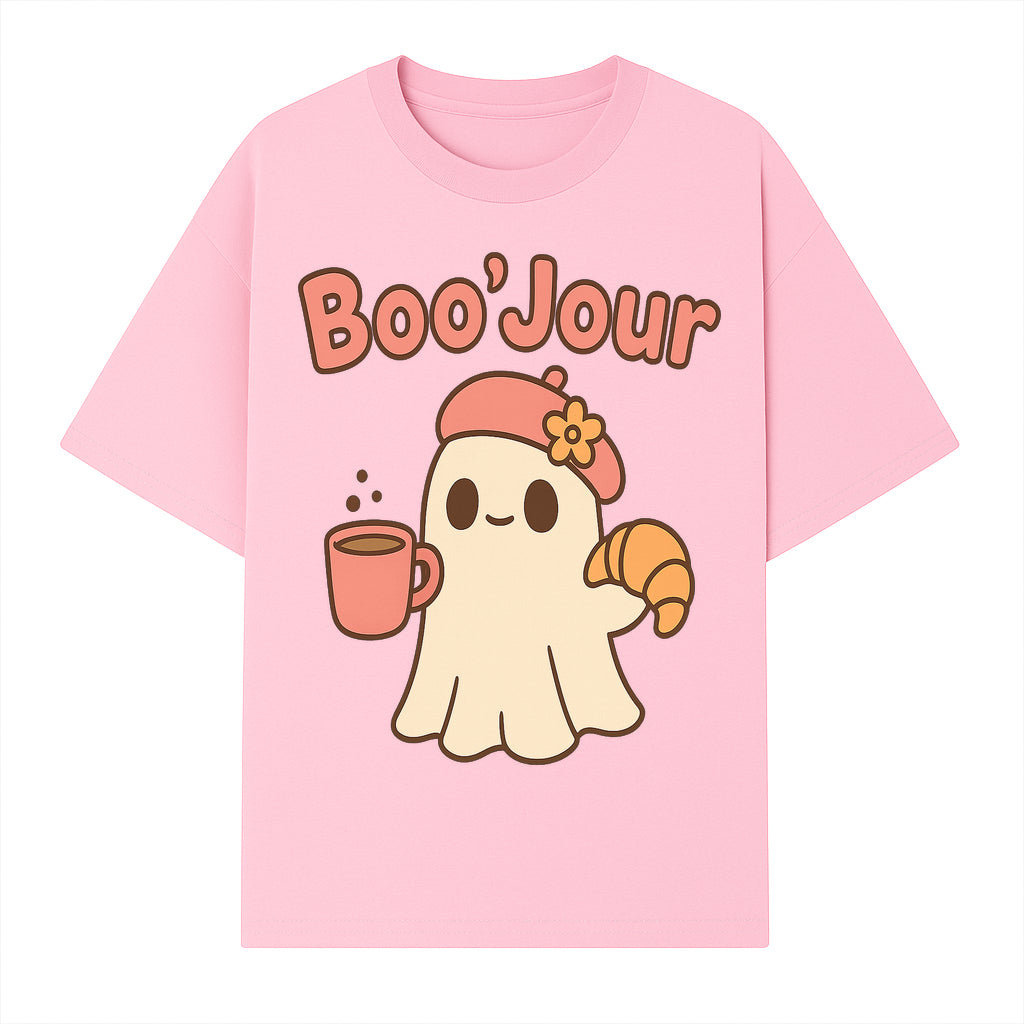 Cute Ghost Boo'Jour with Coffee and Croissant - Fun Halloween Decor, Ghost Lover Gift, Whimsical Art Print, Cozy Apparel - T-shirt 1758093379914.jpg