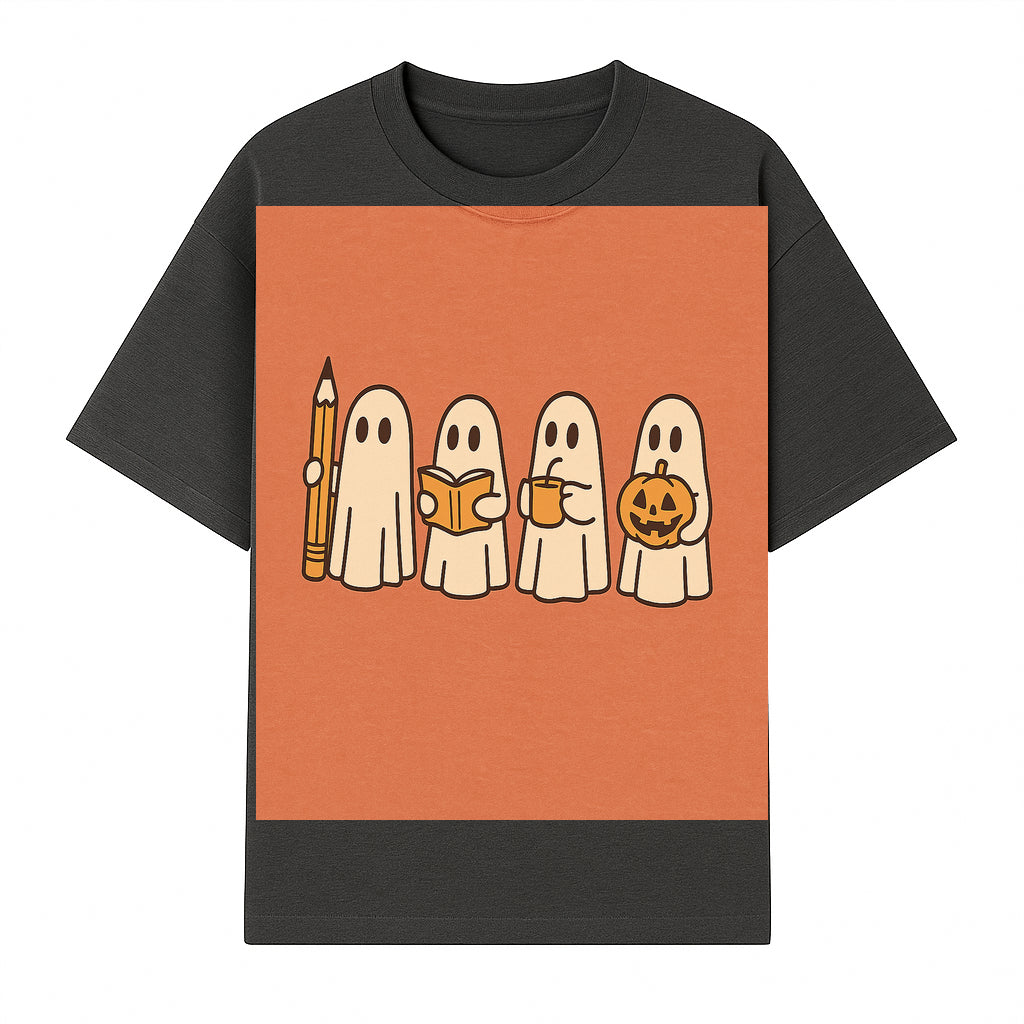 Cute Ghosts Reading, Writing, Drinking, and Celebrating Halloween Graphic Tee, Cozy Fall Top, Halloween Costume Shirt for Kids and Adults - T-shirt 1758093380011.jpg