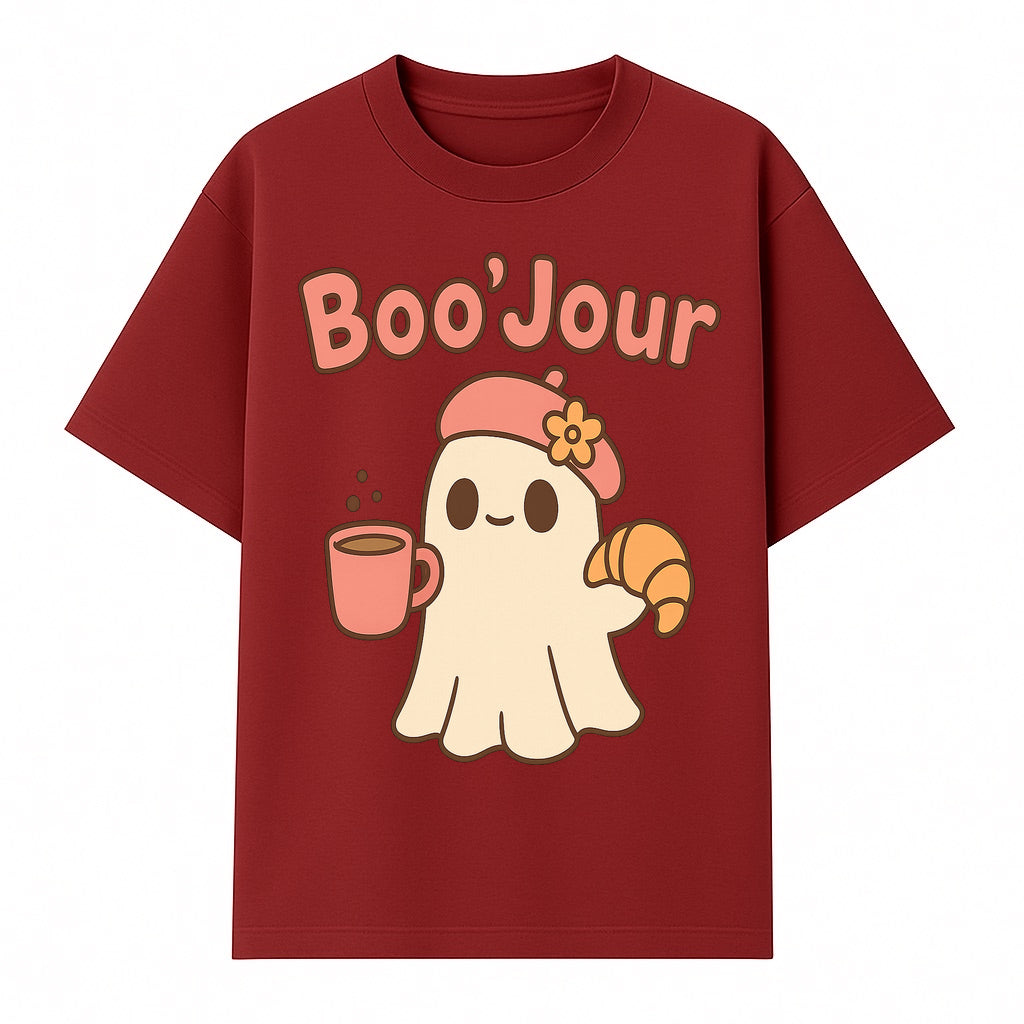 Cute Ghost Boo'Jour with Coffee and Croissant - Fun Halloween Decor, Ghost Lover Gift, Whimsical Art Print, Cozy Apparel - T-shirt 1758093380095.jpg