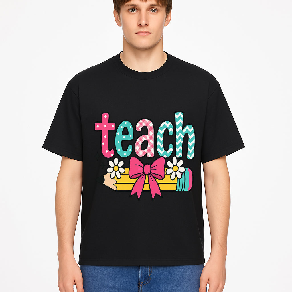 Colorful Teach Design with Pencil, Flowers, and Bow - Perfect for Teacher's Gifts, Classroom Decor, or Back-to-School Apparel - T-shirt 1758093380102.jpg