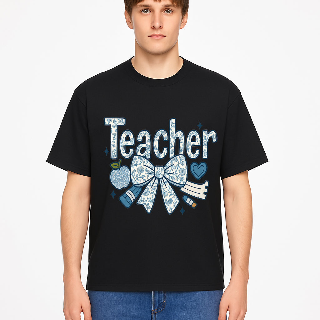 Floral Teacher Design with Apple, Bow & Stationery - Perfect Gift for Educators, Teachers' Day, Classroom Decor, Cute Art Print - T-shirt 1758093380150.jpg