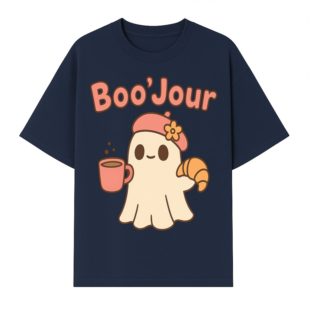 Cute Ghost Boo'Jour with Coffee and Croissant - Fun Halloween Decor, Ghost Lover Gift, Whimsical Art Print, Cozy Apparel - T-shirt 1758093380259.jpg