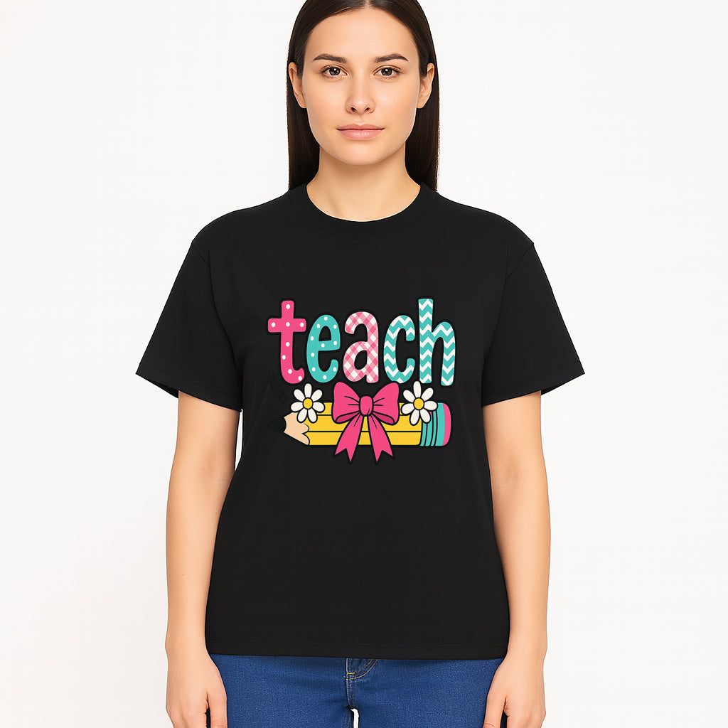 Colorful Teach Design with Pencil, Flowers, and Bow - Perfect for Teacher's Gifts, Classroom Decor, or Back-to-School Apparel - T-shirt 1758093380278.jpg