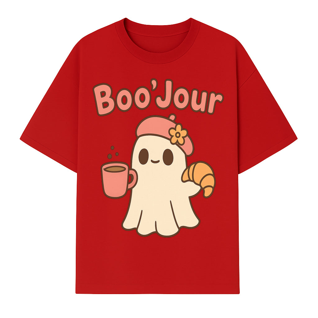 Cute Ghost Boo'Jour with Coffee and Croissant - Fun Halloween Decor, Ghost Lover Gift, Whimsical Art Print, Cozy Apparel - T-shirt 1758093380423.jpg
