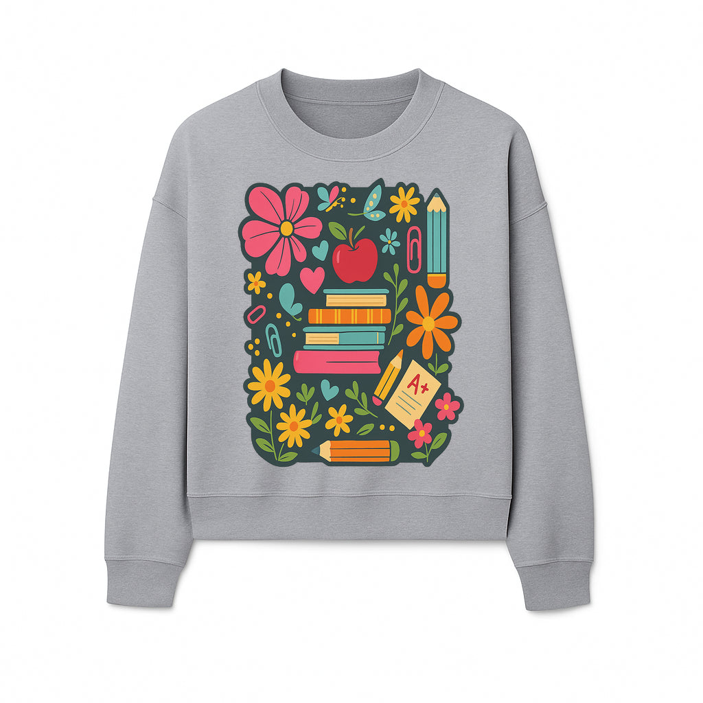 Colorful School Supplies and Flowers Illustration, Cute Educational Wall Art, Back to School Decor, Classroom Decoration, Kids Room Art - Sweatshirt 1758093380430.jpg