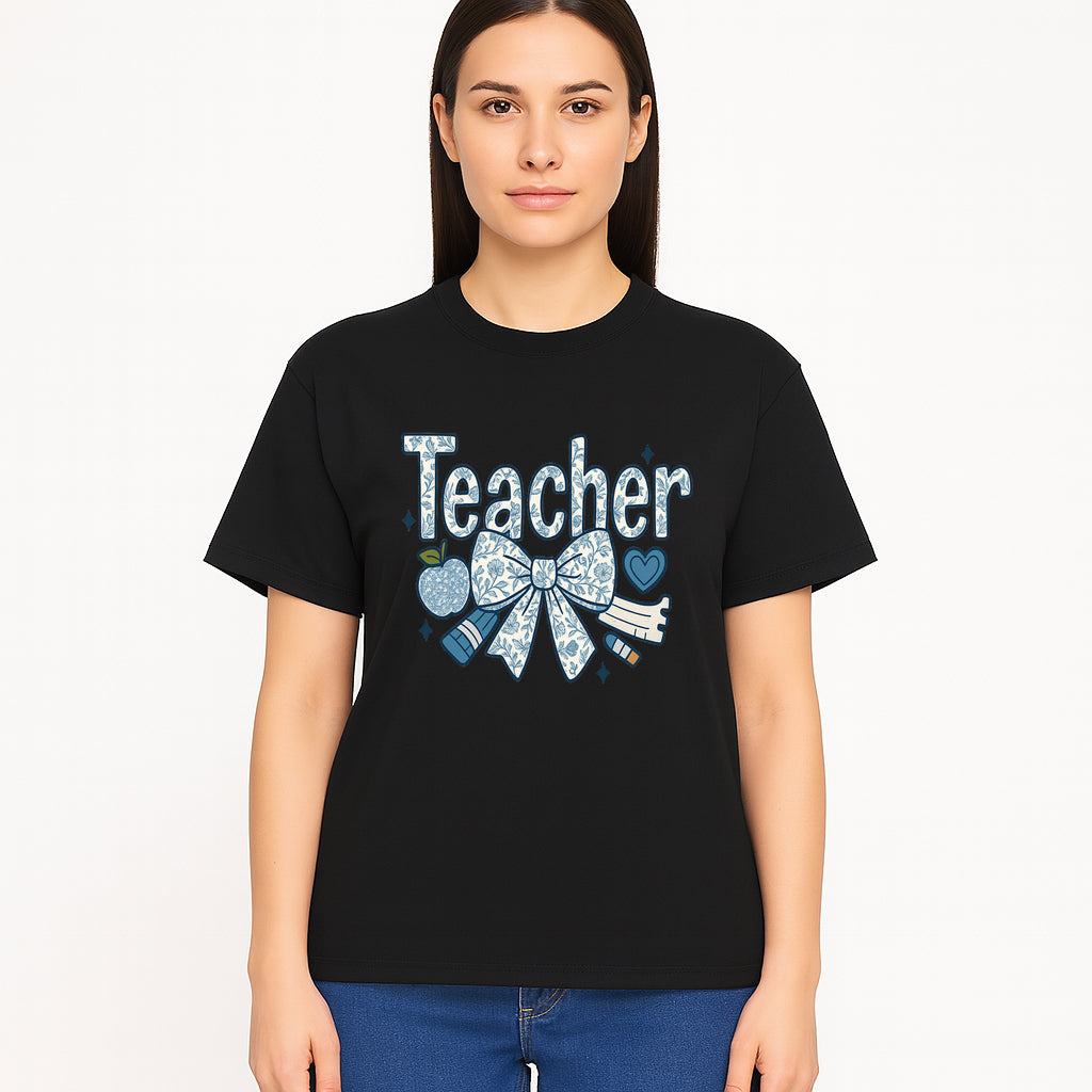 Floral Teacher Design with Apple, Bow & Stationery - Perfect Gift for Educators, Teachers' Day, Classroom Decor, Cute Art Print - T-shirt 1758093380444.jpg