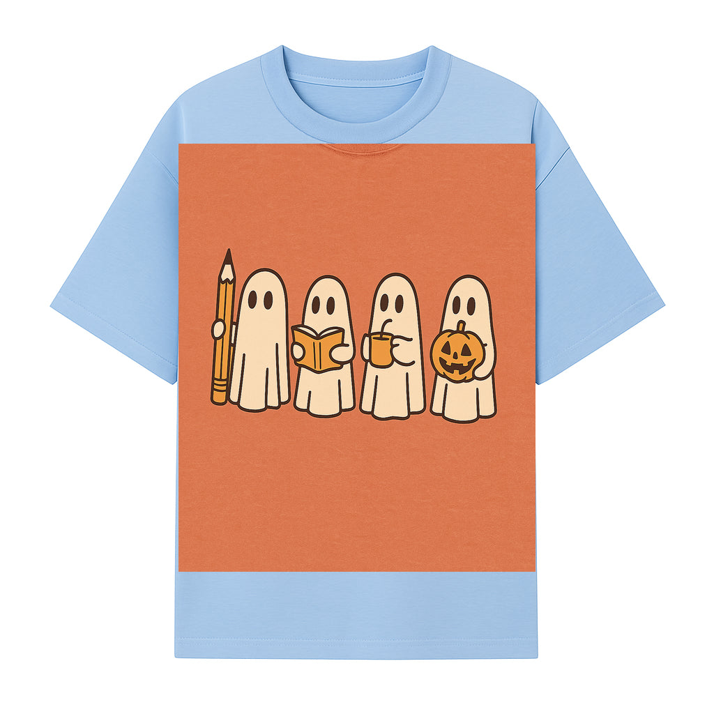 Cute Ghosts Reading, Writing, Drinking, and Celebrating Halloween Graphic Tee, Cozy Fall Top, Halloween Costume Shirt for Kids and Adults - T-shirt 1758093380468.jpg