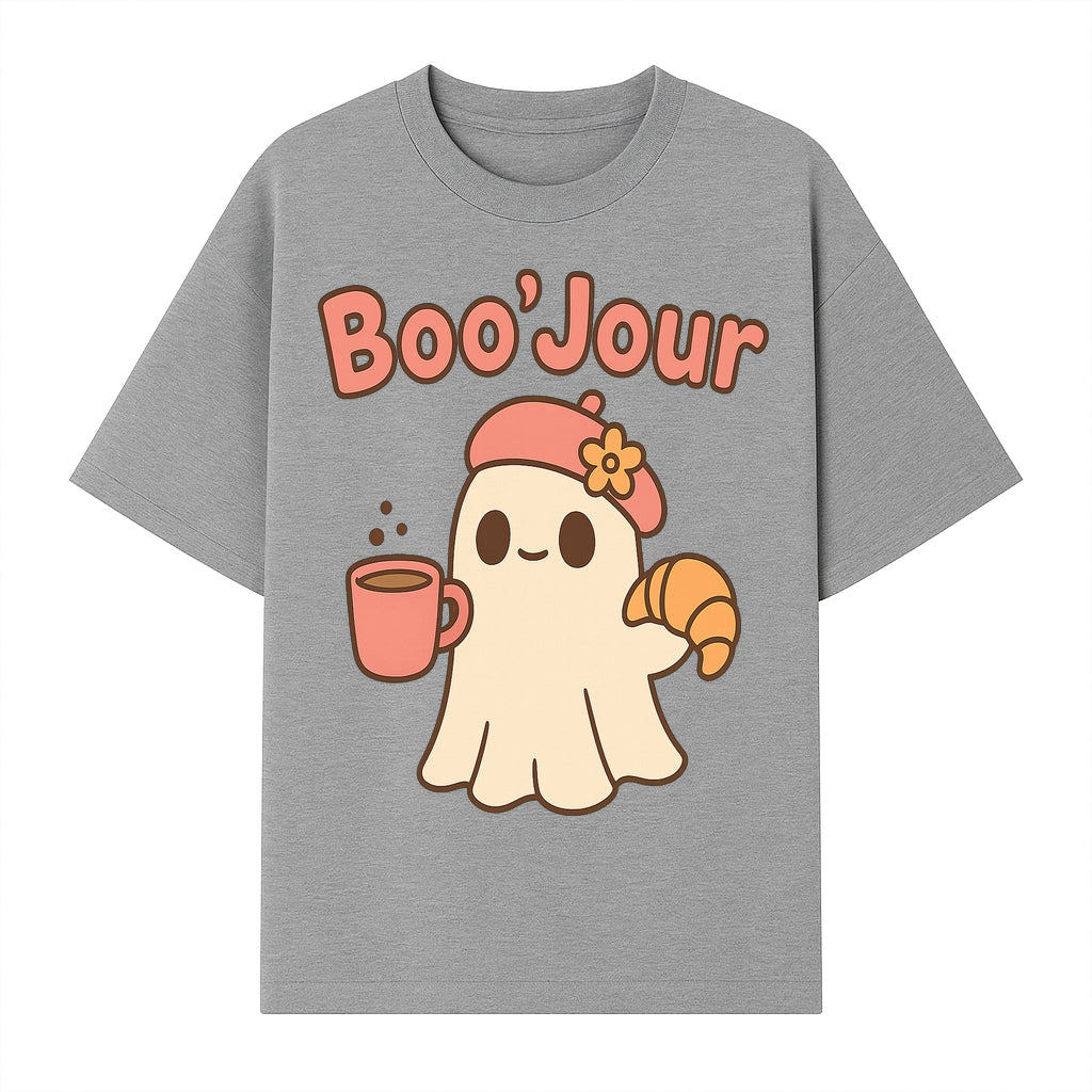 Cute Ghost Boo'Jour with Coffee and Croissant - Fun Halloween Decor, Ghost Lover Gift, Whimsical Art Print, Cozy Apparel - T-shirt 1758093380574.jpg
