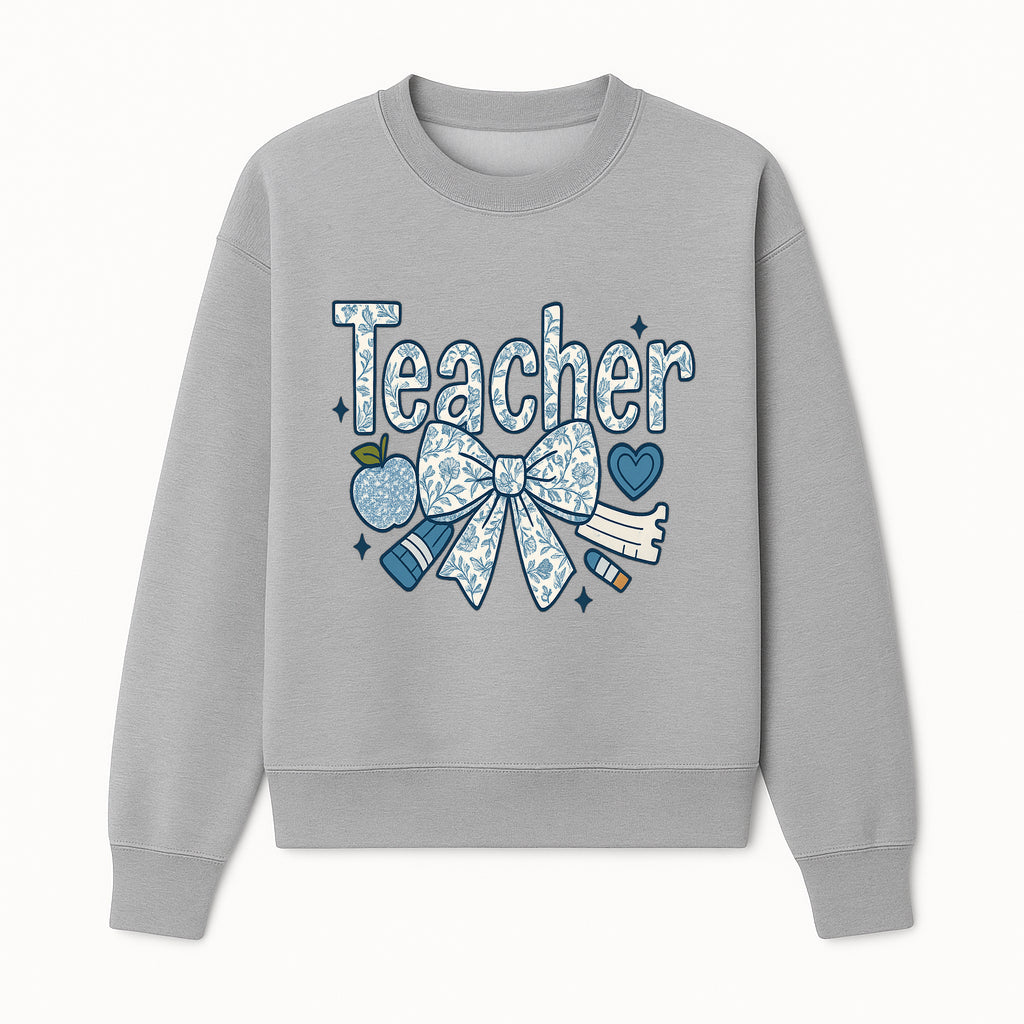 Floral Teacher Design with Apple, Bow & Stationery - Perfect Gift for Educators, Teachers' Day, Classroom Decor, Cute Art Print - Sweatshirt 1758093380607.jpg