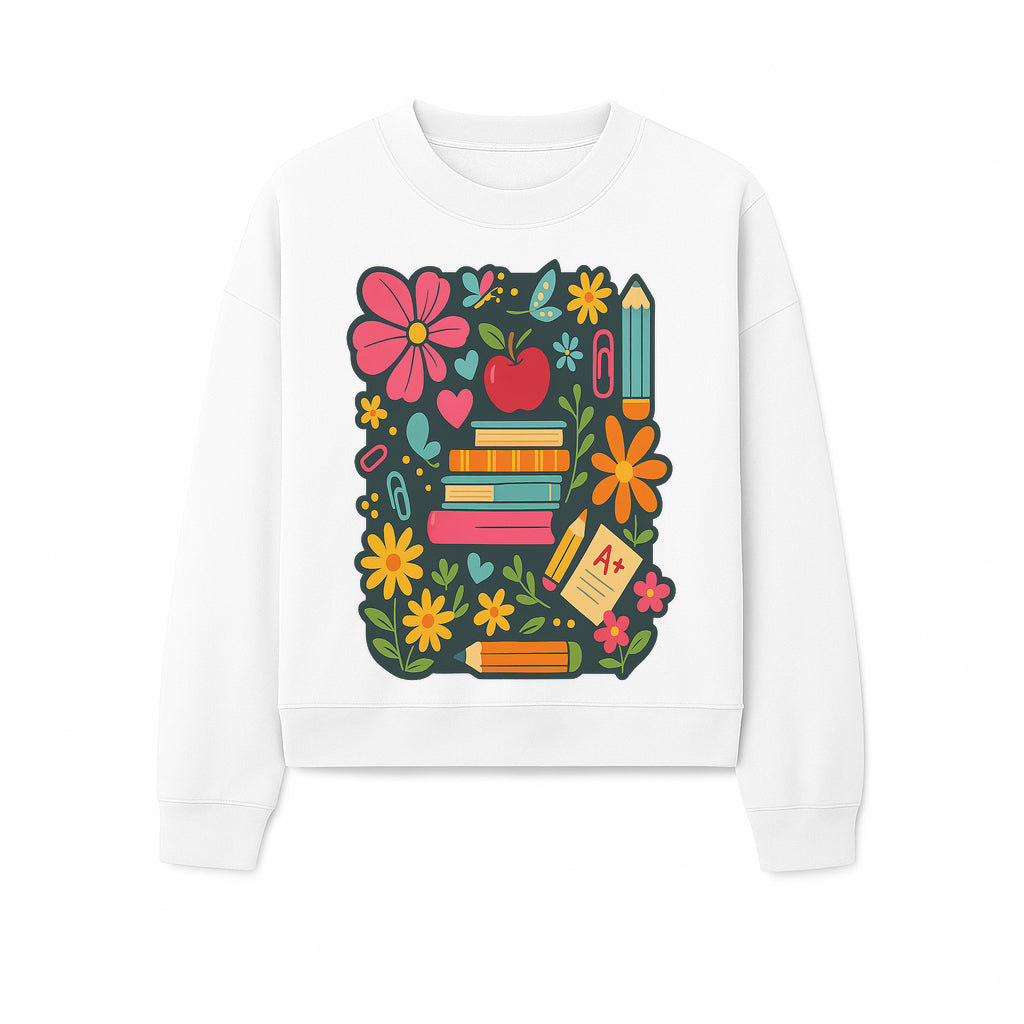 Colorful School Supplies and Flowers Illustration, Cute Educational Wall Art, Back to School Decor, Classroom Decoration, Kids Room Art - Sweatshirt 1758093380617.jpg