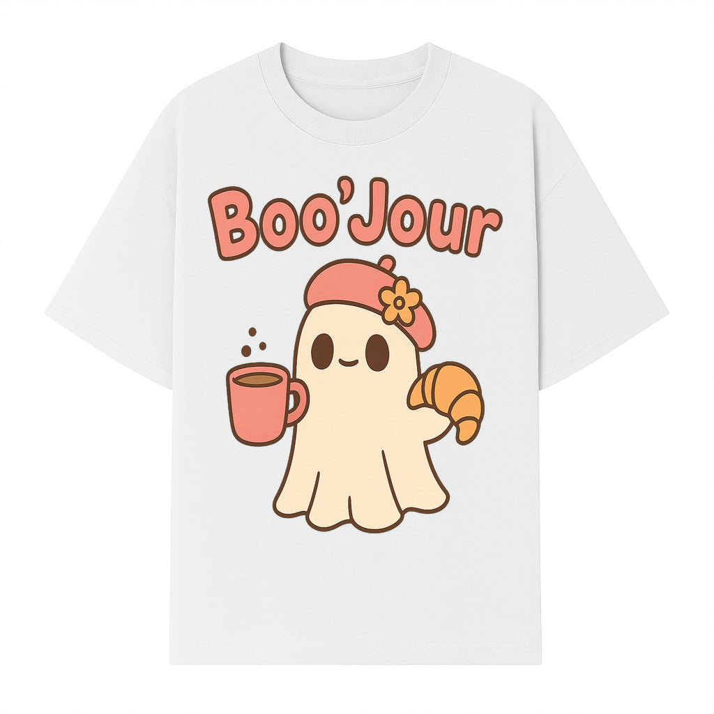 Cute Ghost Boo'Jour with Coffee and Croissant - Fun Halloween Decor, Ghost Lover Gift, Whimsical Art Print, Cozy Apparel - T-shirt 1758093380736.jpg