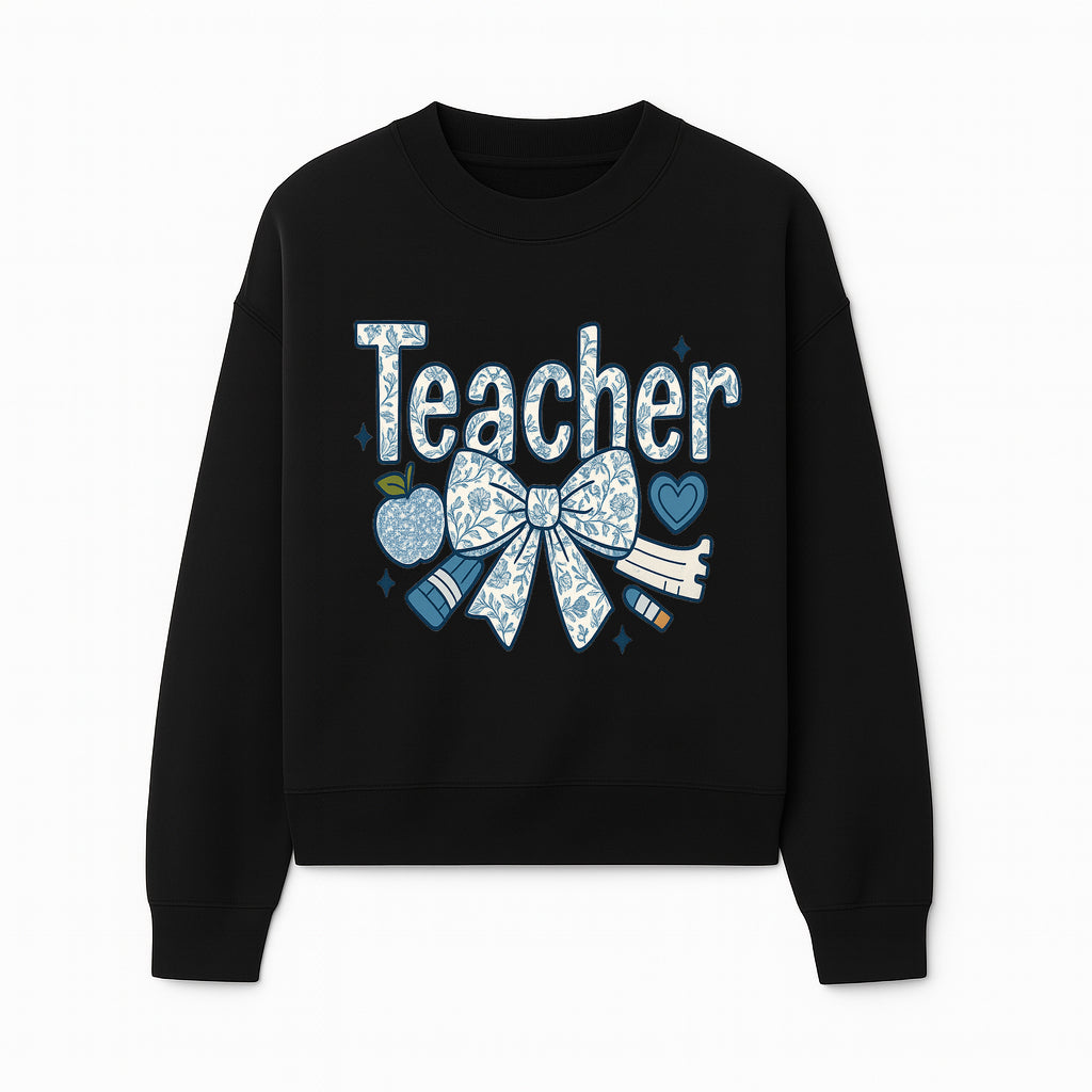 Floral Teacher Design with Apple, Bow & Stationery - Perfect Gift for Educators, Teachers' Day, Classroom Decor, Cute Art Print - Sweatshirt 1758093380804.jpg