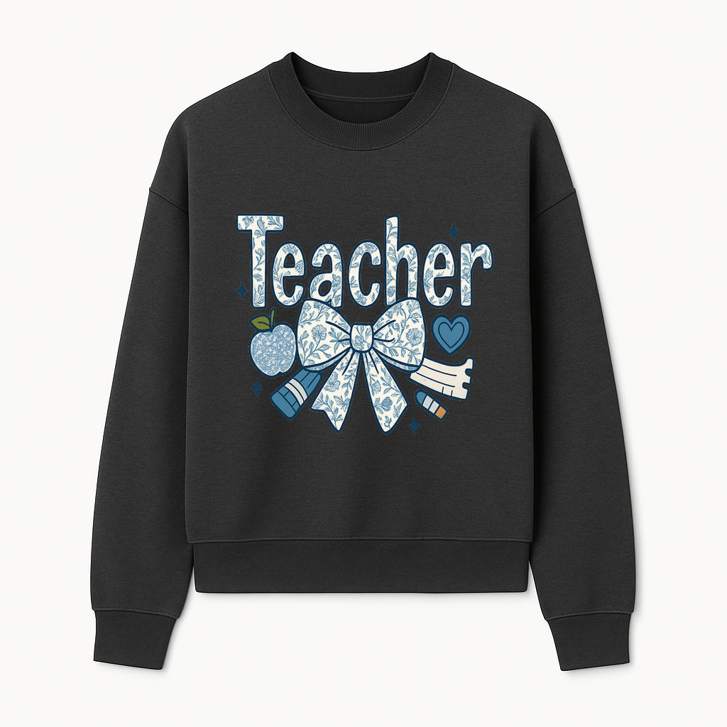 Floral Teacher Design with Apple, Bow & Stationery - Perfect Gift for Educators, Teachers' Day, Classroom Decor, Cute Art Print - Sweatshirt 1758093381044.jpg