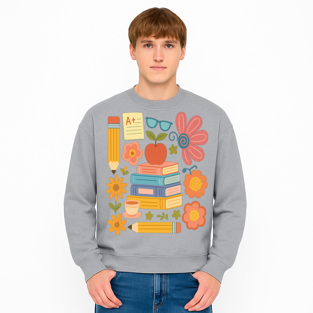 Colorful School Supplies Print - Books, Pencil, Apple, Flowers, and Glasses - Cute Classroom Decor for Kids or Teachers - Sweatshirt 1758093381097.jpg