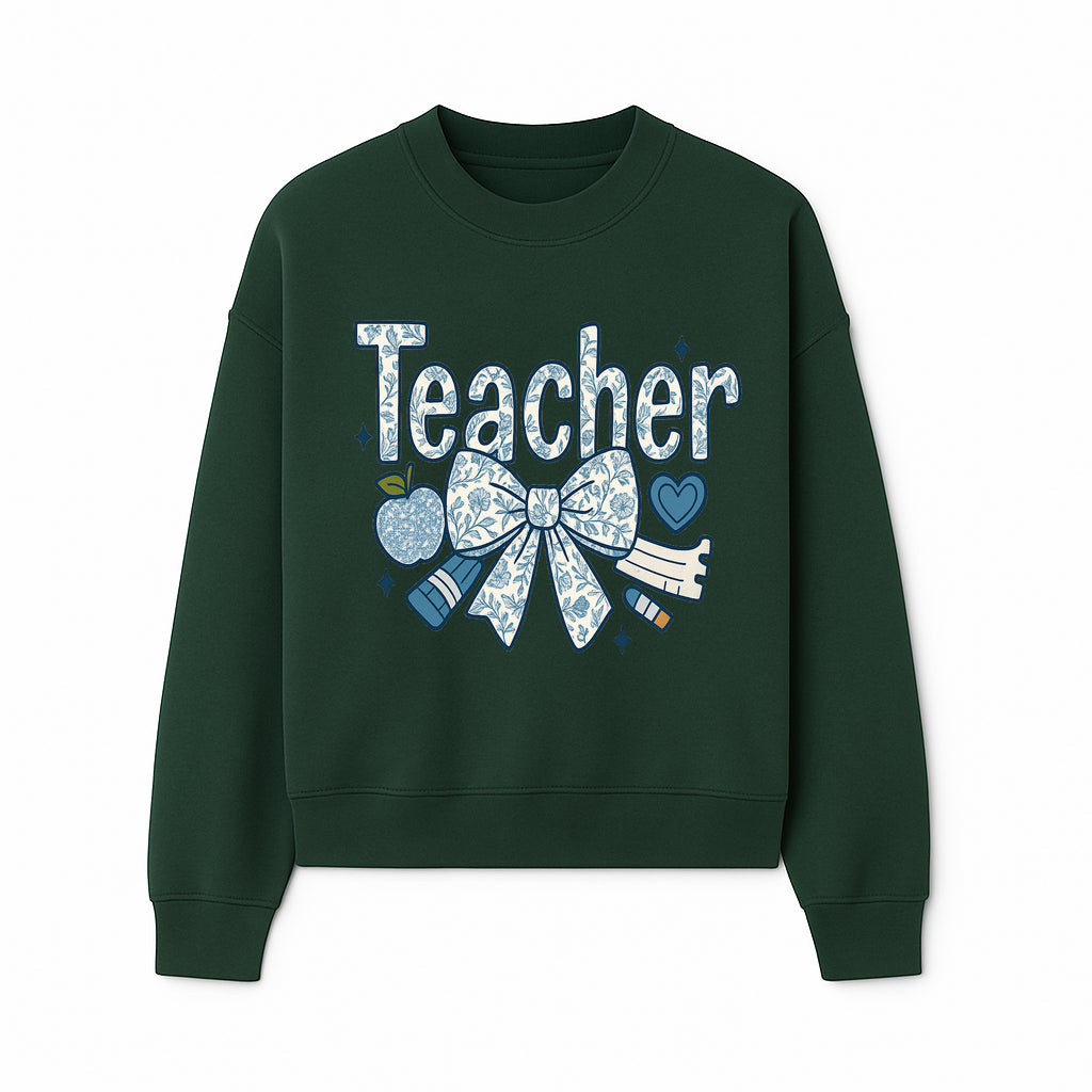 Floral Teacher Design with Apple, Bow & Stationery - Perfect Gift for Educators, Teachers' Day, Classroom Decor, Cute Art Print - Sweatshirt 1758093381202.jpg