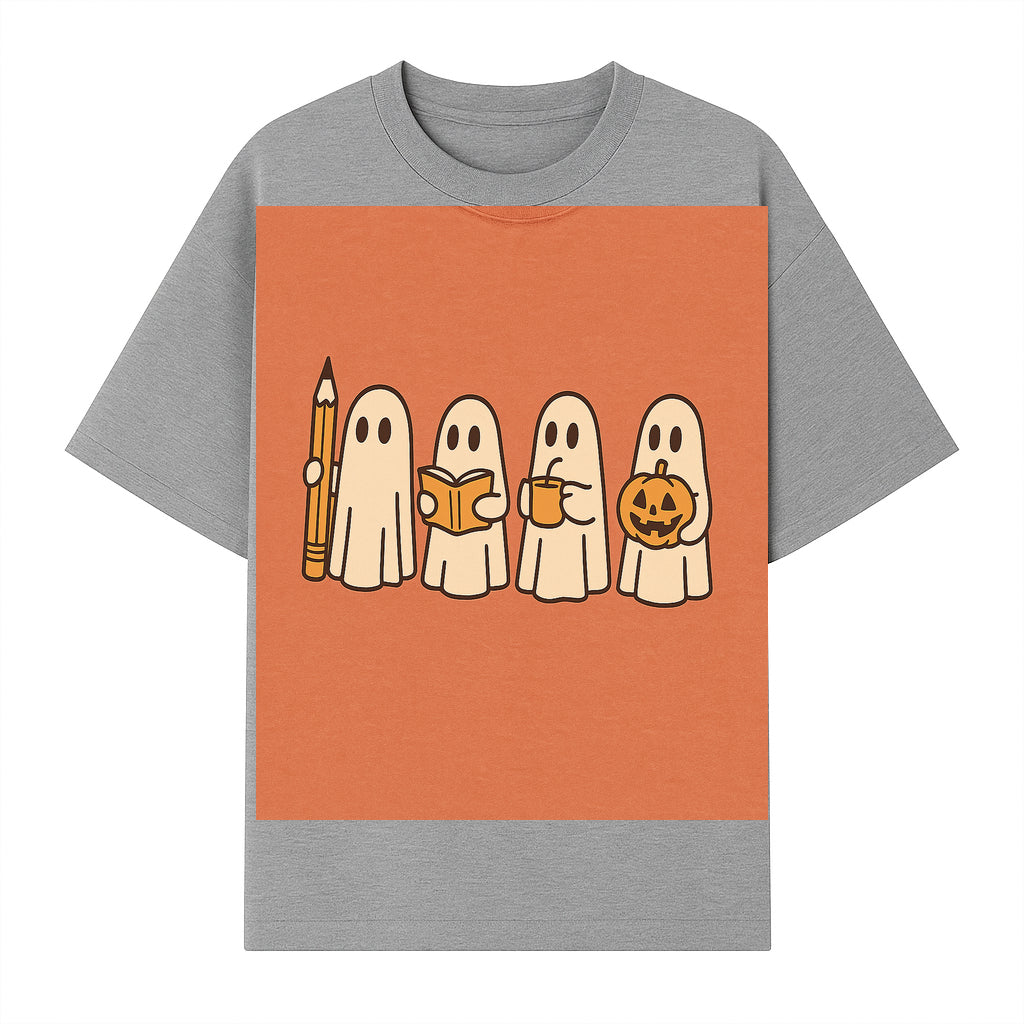 Cute Ghosts Reading, Writing, Drinking, and Celebrating Halloween Graphic Tee, Cozy Fall Top, Halloween Costume Shirt for Kids and Adults - T-shirt 1758093381347.jpg
