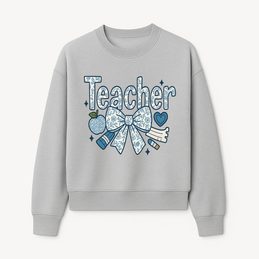 Floral Teacher Design with Apple, Bow & Stationery - Perfect Gift for Educators, Teachers' Day, Classroom Decor, Cute Art Print - Sweatshirt 1758093381364.jpg