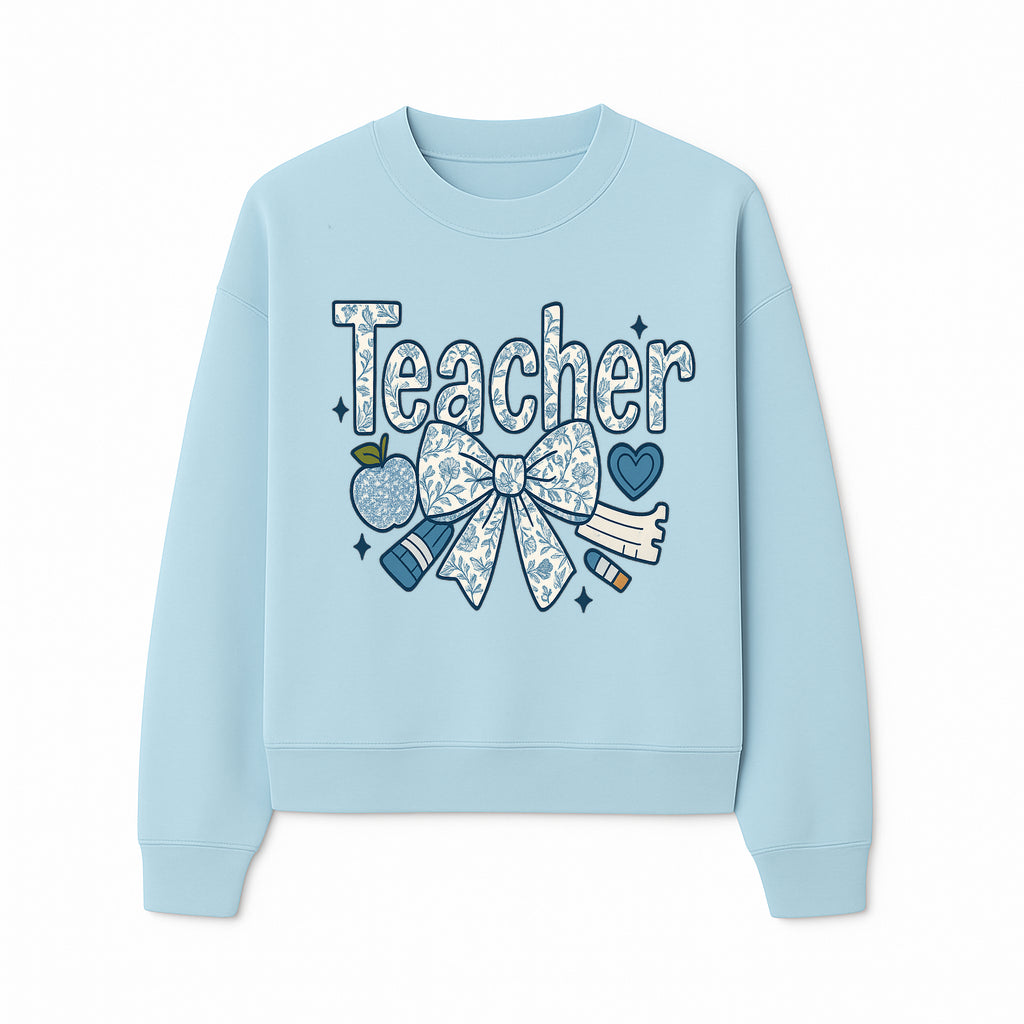Floral Teacher Design with Apple, Bow & Stationery - Perfect Gift for Educators, Teachers' Day, Classroom Decor, Cute Art Print - Sweatshirt 1758093381531.jpg