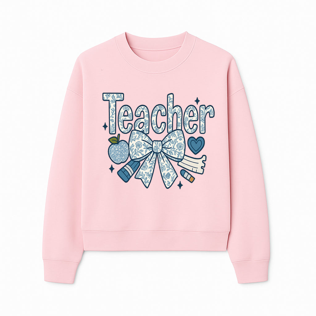 Floral Teacher Design with Apple, Bow & Stationery - Perfect Gift for Educators, Teachers' Day, Classroom Decor, Cute Art Print - Sweatshirt 1758093381754.jpg