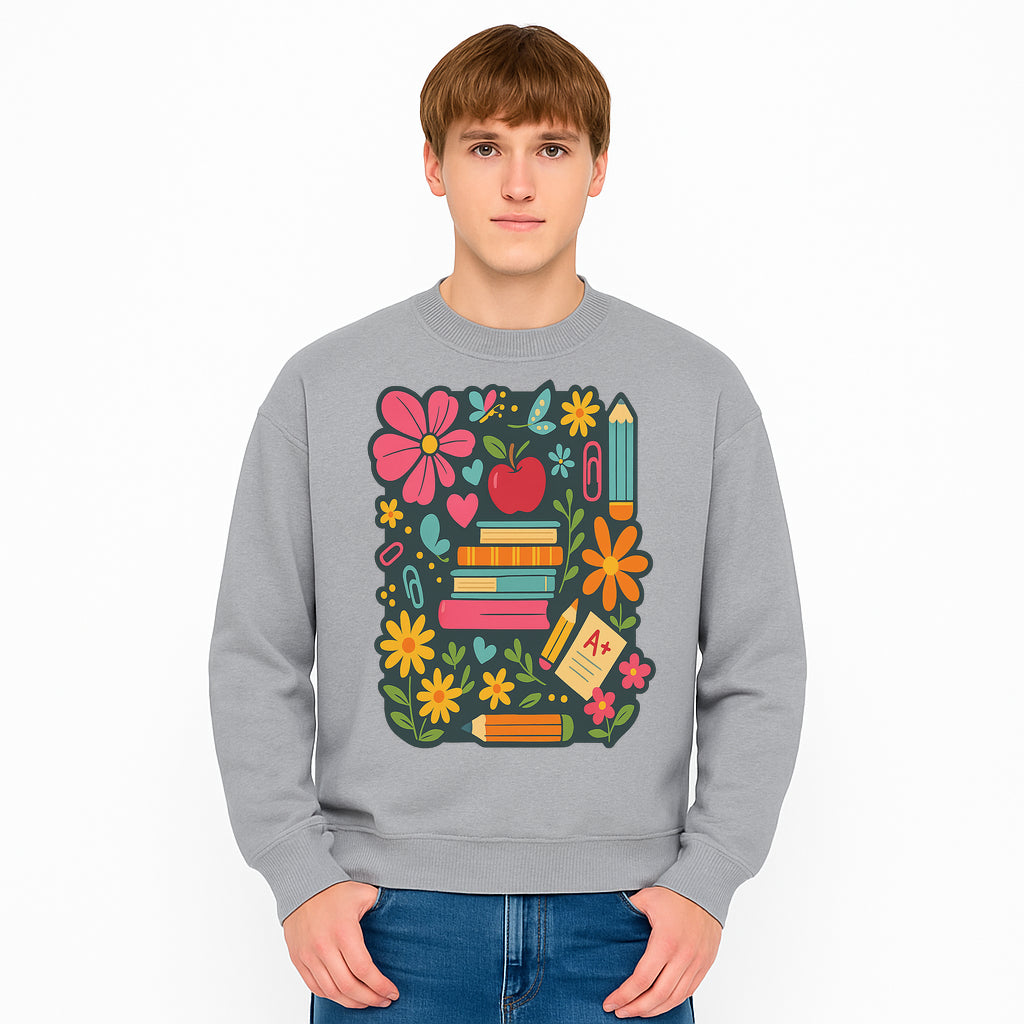 Colorful School Supplies and Flowers Illustration, Cute Educational Wall Art, Back to School Decor, Classroom Decoration, Kids Room Art - Sweatshirt 1758093381808.jpg