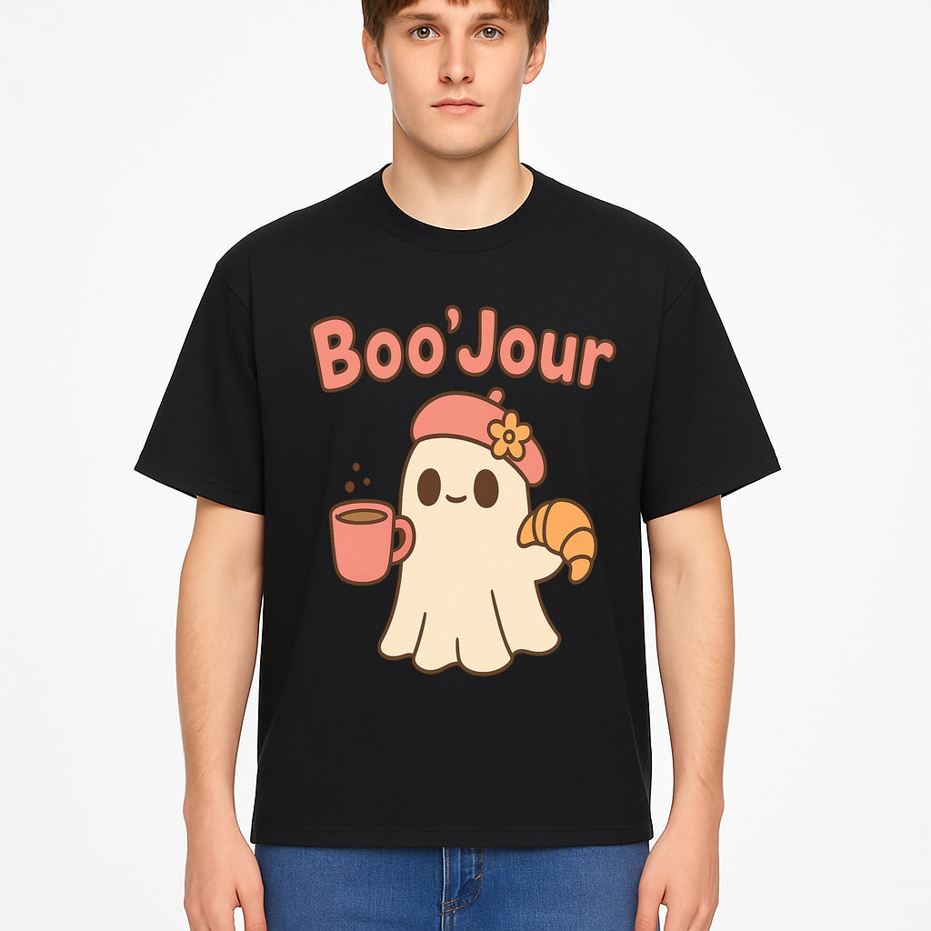 Cute Ghost Boo'Jour with Coffee and Croissant - Fun Halloween Decor, Ghost Lover Gift, Whimsical Art Print, Cozy Apparel - T-shirt 1758093381899.jpg