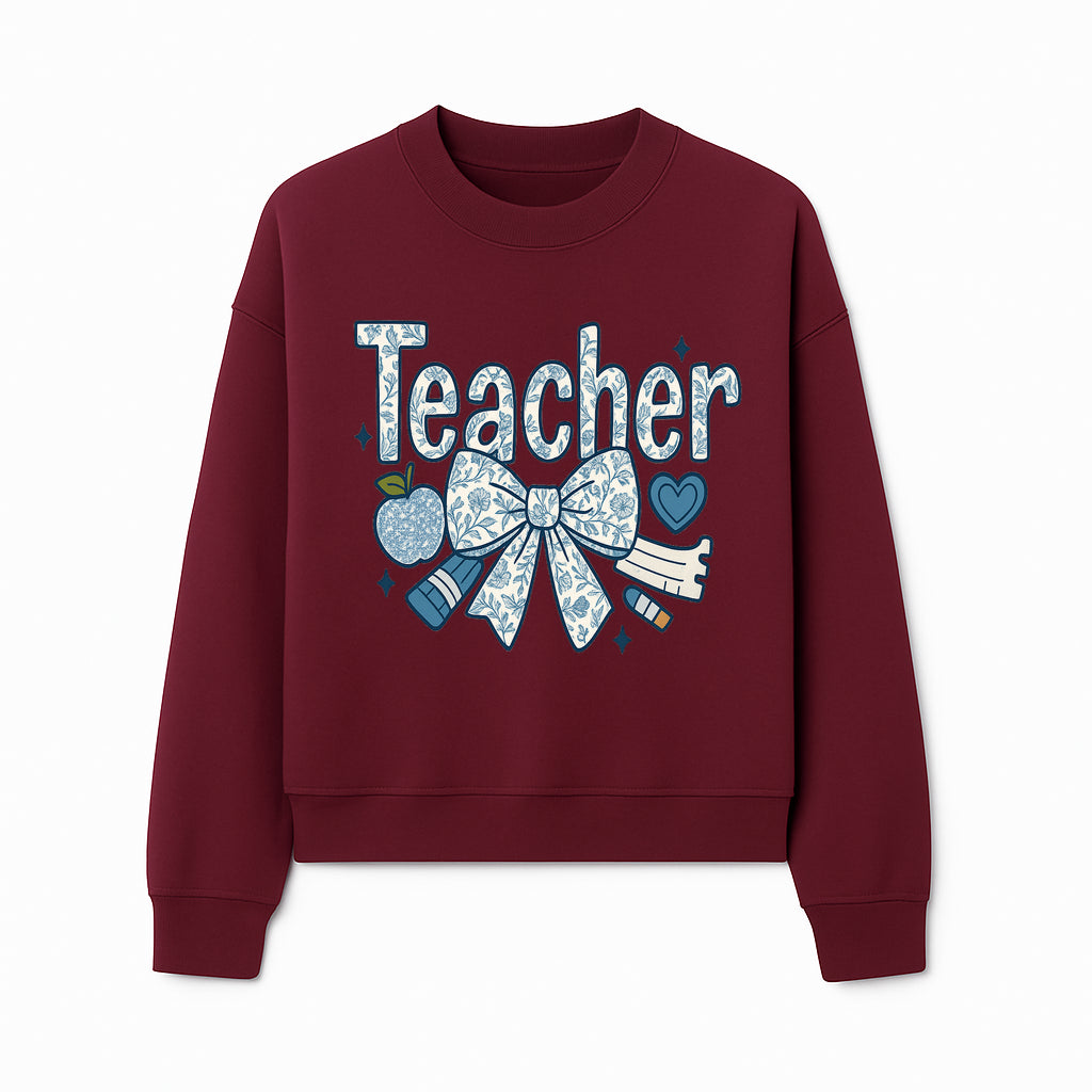 Floral Teacher Design with Apple, Bow & Stationery - Perfect Gift for Educators, Teachers' Day, Classroom Decor, Cute Art Print - Sweatshirt 1758093381952.jpg