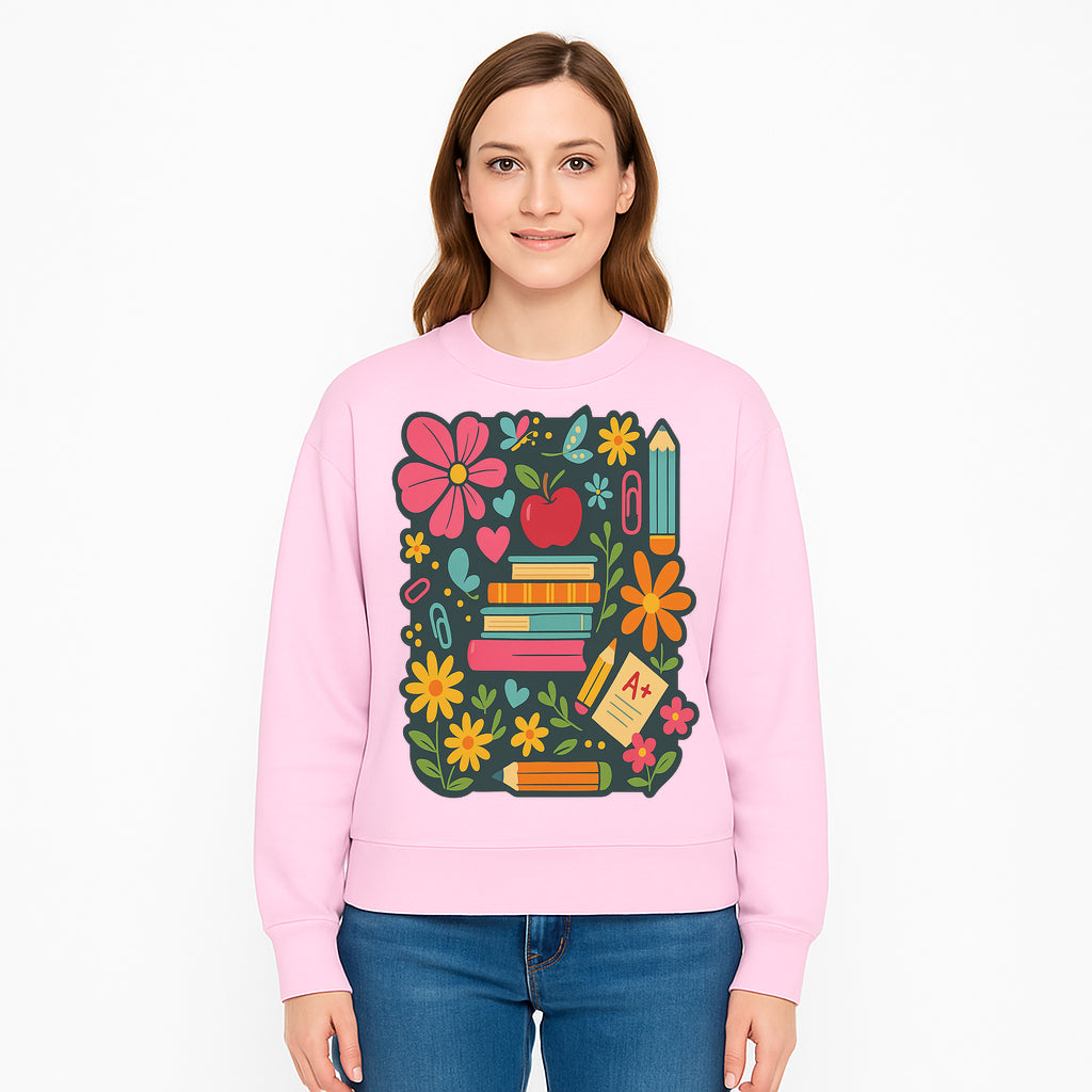 Colorful School Supplies and Flowers Illustration, Cute Educational Wall Art, Back to School Decor, Classroom Decoration, Kids Room Art - Sweatshirt 1758093381993.jpg