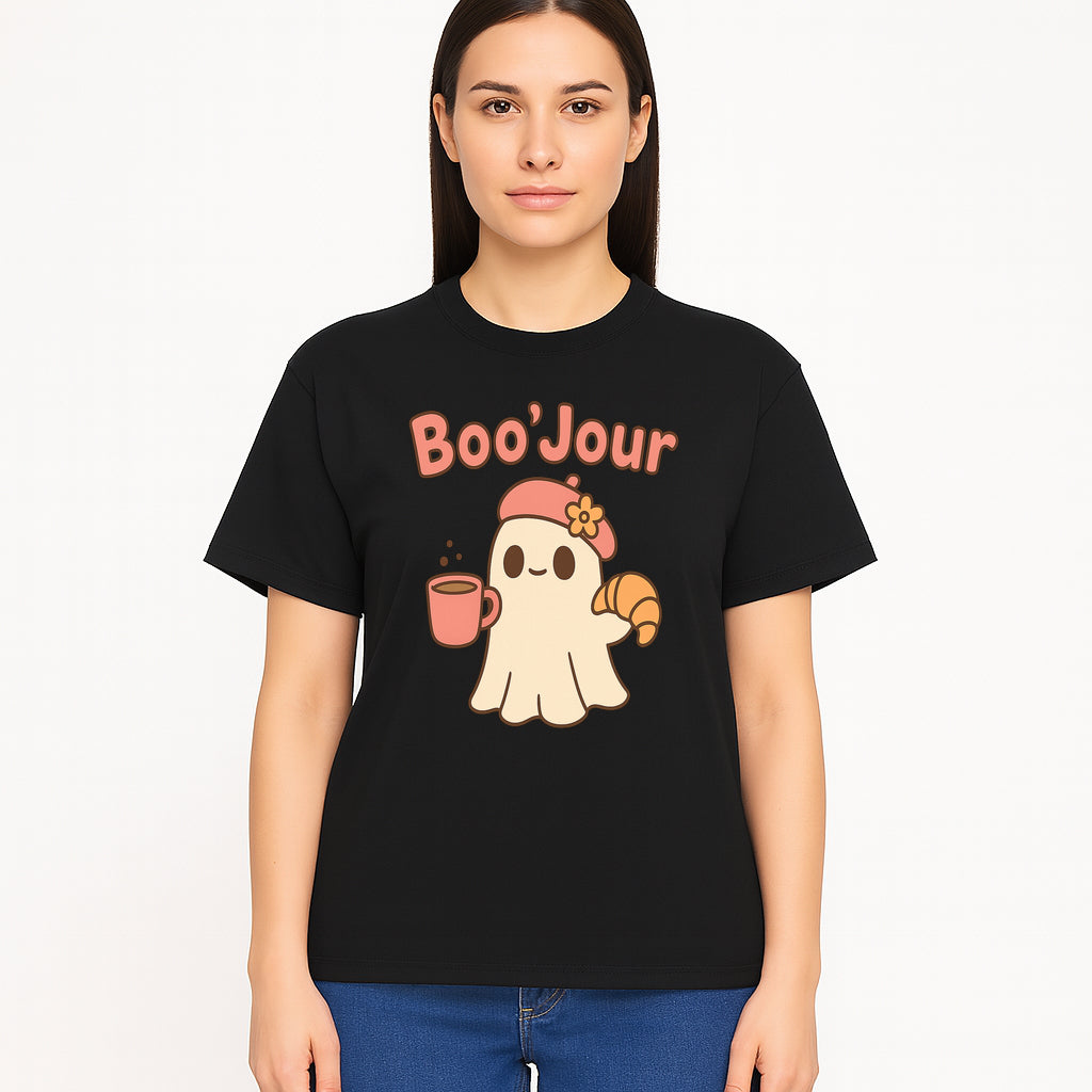 Cute Ghost Boo'Jour with Coffee and Croissant - Fun Halloween Decor, Ghost Lover Gift, Whimsical Art Print, Cozy Apparel - T-shirt 1758093382043.jpg