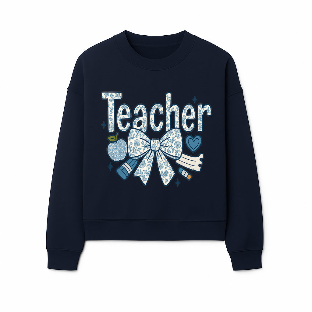 Floral Teacher Design with Apple, Bow & Stationery - Perfect Gift for Educators, Teachers' Day, Classroom Decor, Cute Art Print - Sweatshirt 1758093382179.jpg