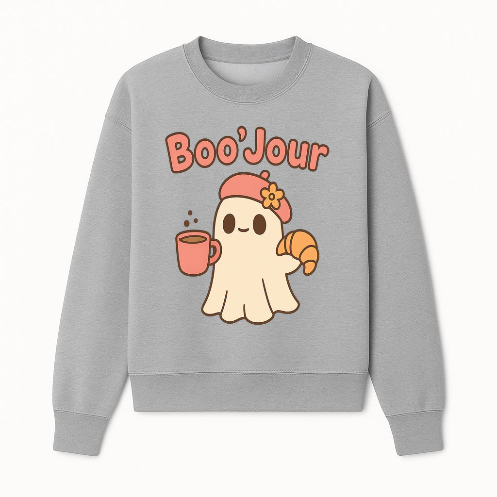 Cute Ghost Boo'Jour with Coffee and Croissant - Fun Halloween Decor, Ghost Lover Gift, Whimsical Art Print, Cozy Apparel - Sweatshirt 1758093382181.jpg