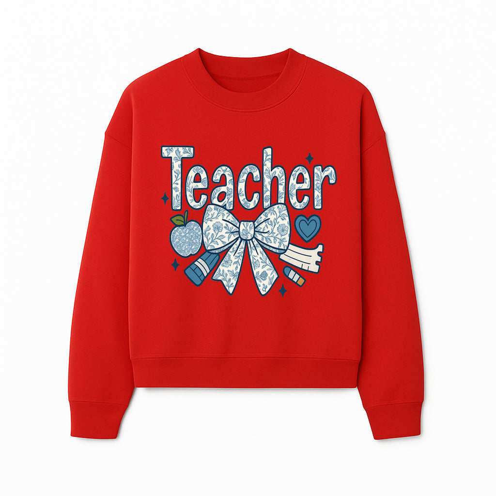 Floral Teacher Design with Apple, Bow & Stationery - Perfect Gift for Educators, Teachers' Day, Classroom Decor, Cute Art Print - Sweatshirt 1758093382345.jpg