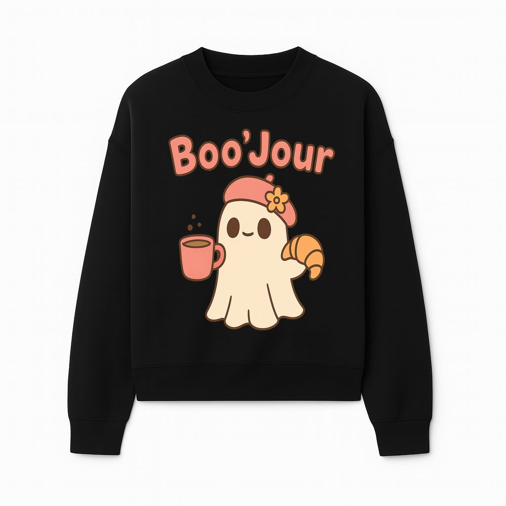 Cute Ghost Boo'Jour with Coffee and Croissant - Fun Halloween Decor, Ghost Lover Gift, Whimsical Art Print, Cozy Apparel - Sweatshirt 1758093382362.jpg