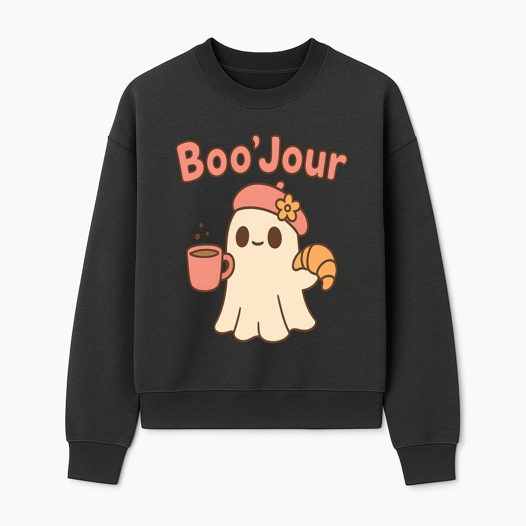 Cute Ghost Boo'Jour with Coffee and Croissant - Fun Halloween Decor, Ghost Lover Gift, Whimsical Art Print, Cozy Apparel - Sweatshirt 1758093382504.jpg