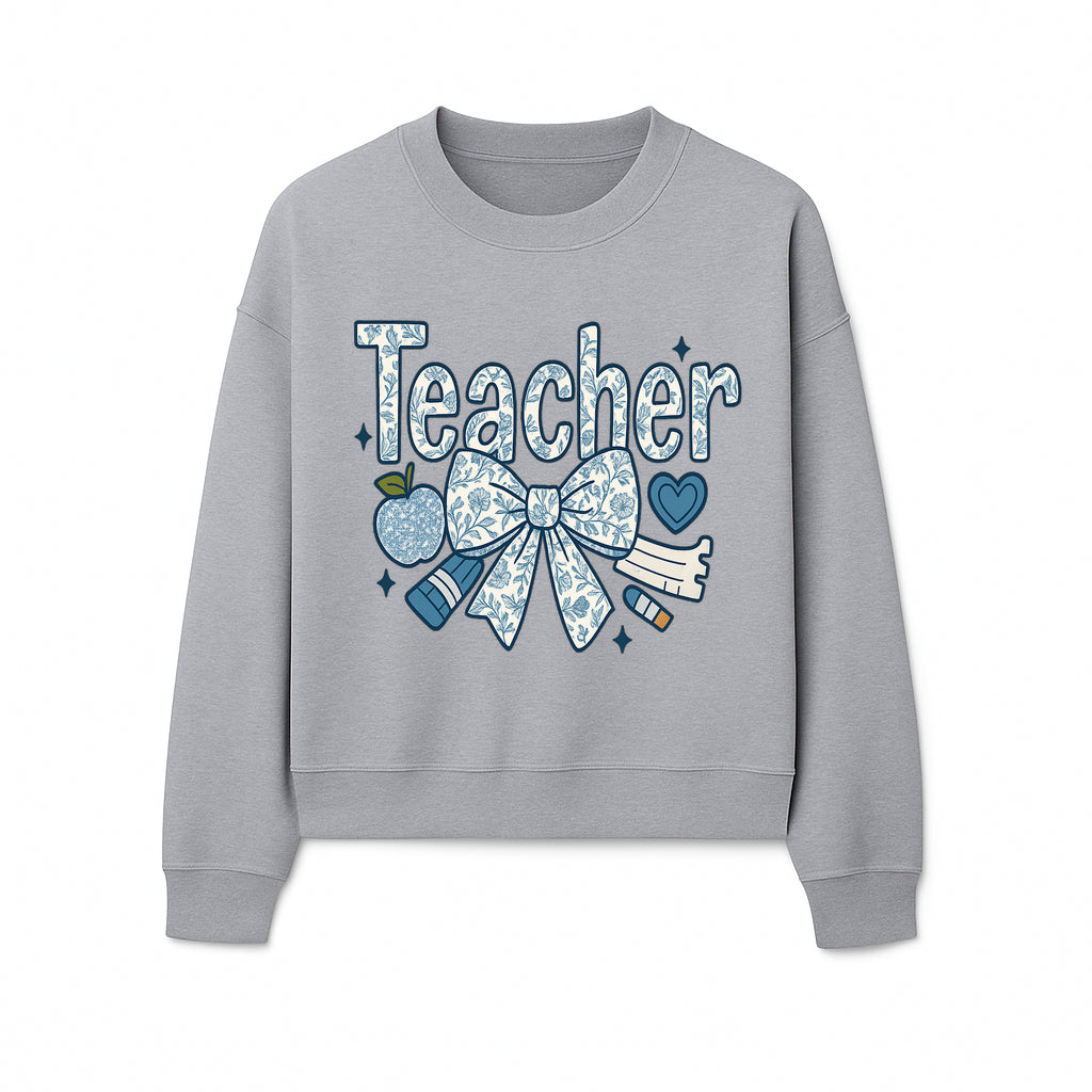 Floral Teacher Design with Apple, Bow & Stationery - Perfect Gift for Educators, Teachers' Day, Classroom Decor, Cute Art Print - Sweatshirt 1758093382504.jpg