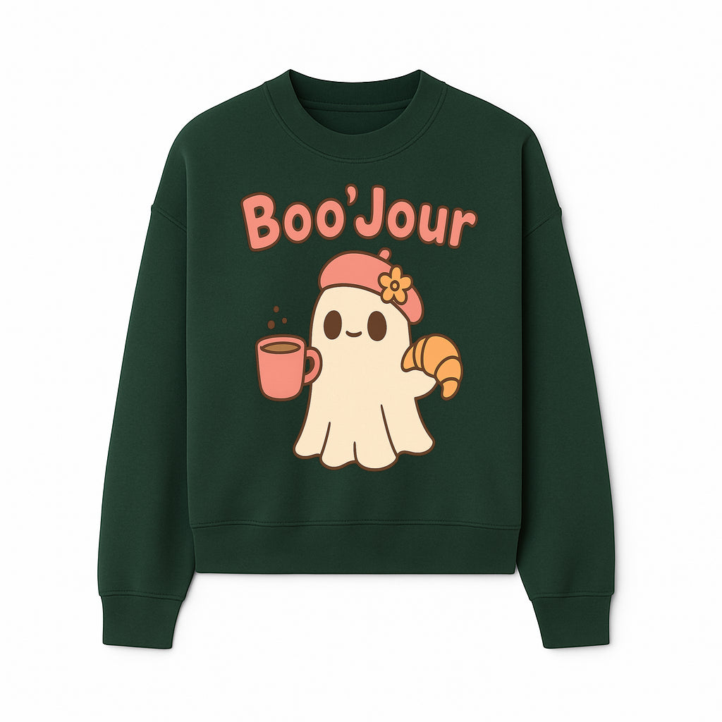 Cute Ghost Boo'Jour with Coffee and Croissant - Fun Halloween Decor, Ghost Lover Gift, Whimsical Art Print, Cozy Apparel - Sweatshirt 1758093382650.jpg