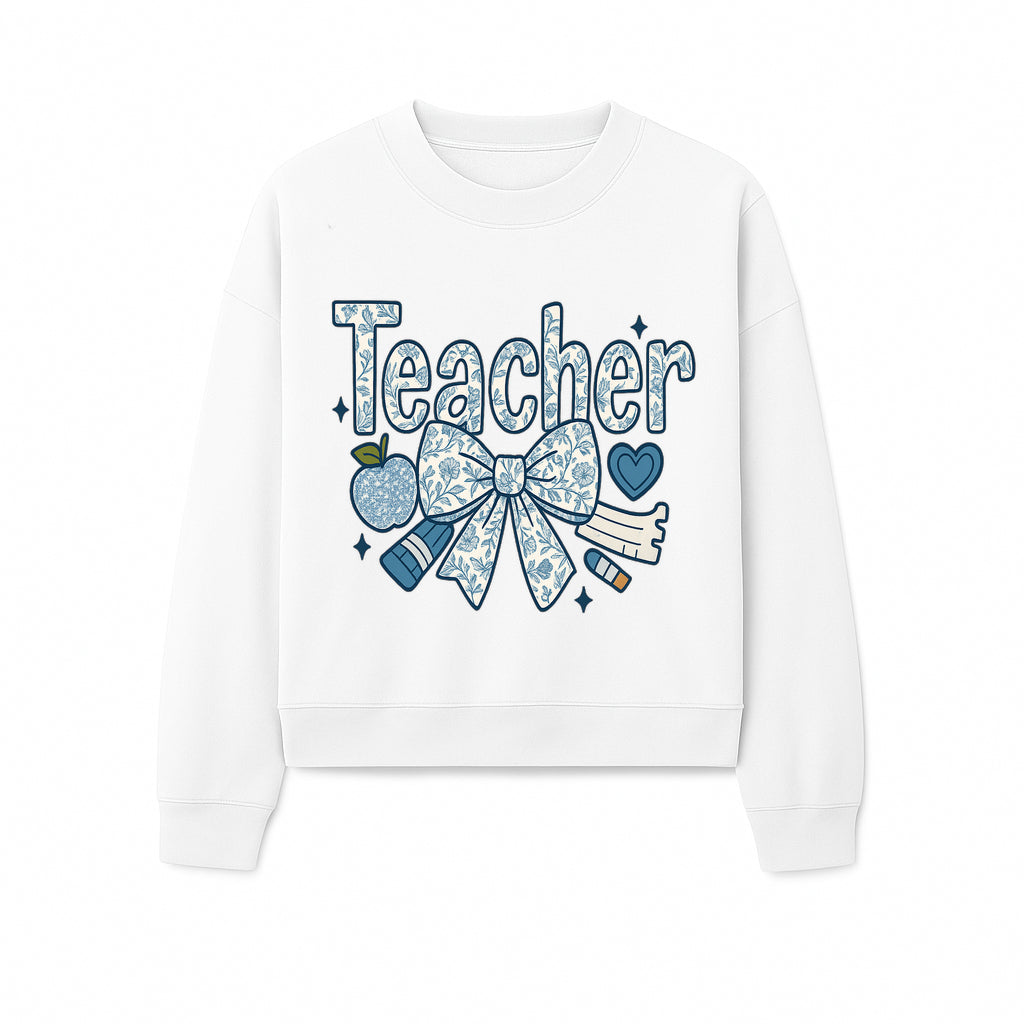 Floral Teacher Design with Apple, Bow & Stationery - Perfect Gift for Educators, Teachers' Day, Classroom Decor, Cute Art Print - Sweatshirt 1758093382711.jpg