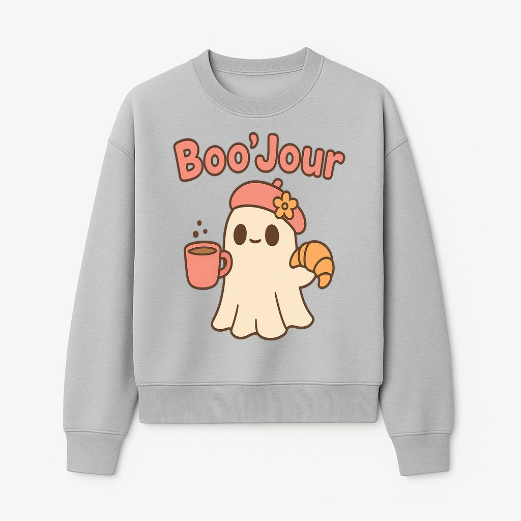 Cute Ghost Boo'Jour with Coffee and Croissant - Fun Halloween Decor, Ghost Lover Gift, Whimsical Art Print, Cozy Apparel - Sweatshirt 1758093382830.jpg