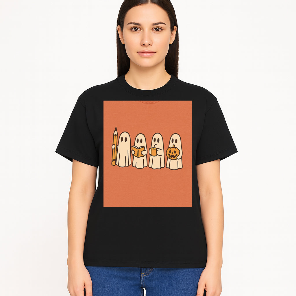 Cute Ghosts Reading, Writing, Drinking, and Celebrating Halloween Graphic Tee, Cozy Fall Top, Halloween Costume Shirt for Kids and Adults - T-shirt 1758093382873.jpg