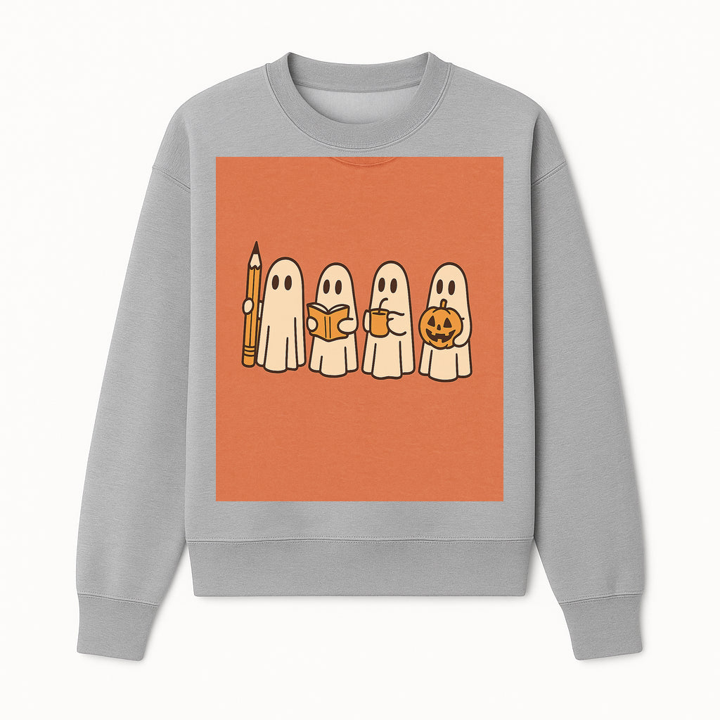 Cute Ghosts Reading, Writing, Drinking, and Celebrating Halloween Graphic Tee, Cozy Fall Top, Halloween Costume Shirt for Kids and Adults - Sweatshirt 1758093383026.jpg
