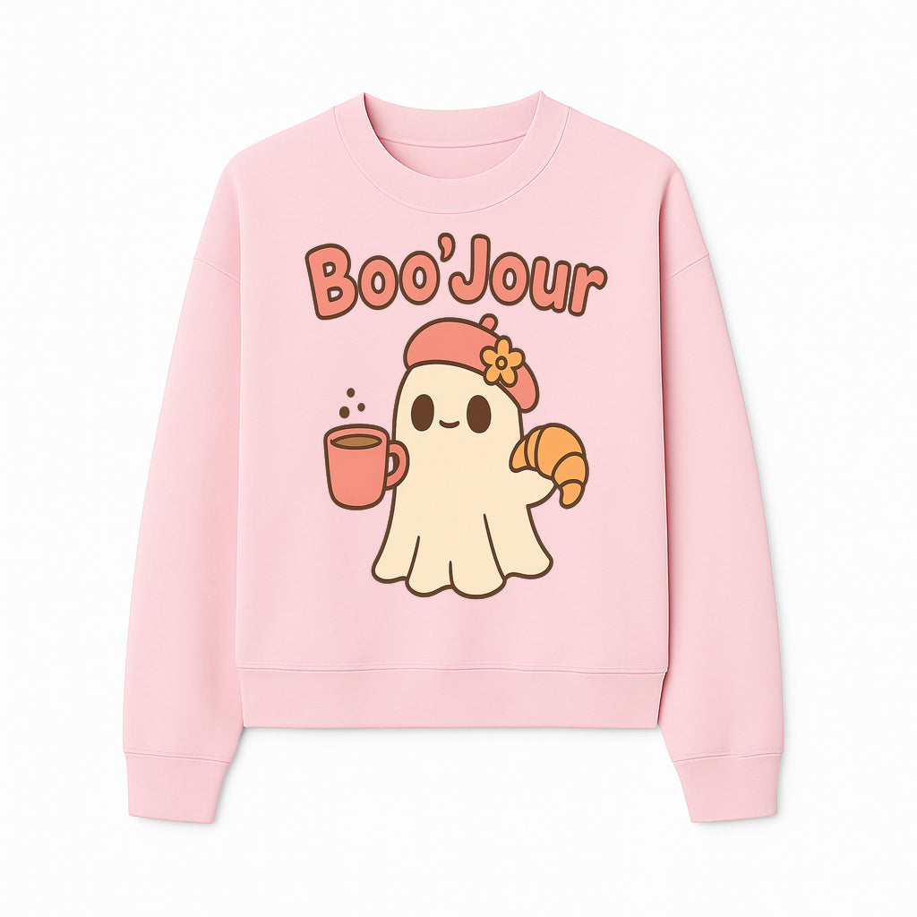 Cute Ghost Boo'Jour with Coffee and Croissant - Fun Halloween Decor, Ghost Lover Gift, Whimsical Art Print, Cozy Apparel - Sweatshirt 1758093383191.jpg