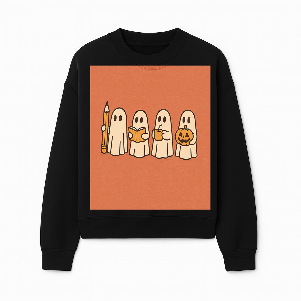 Cute Ghosts Reading, Writing, Drinking, and Celebrating Halloween Graphic Tee, Cozy Fall Top, Halloween Costume Shirt for Kids and Adults - Sweatshirt 1758093383193.jpg