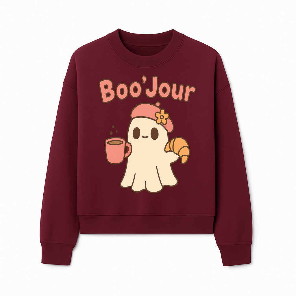 Cute Ghost Boo'Jour with Coffee and Croissant - Fun Halloween Decor, Ghost Lover Gift, Whimsical Art Print, Cozy Apparel - Sweatshirt 1758093383358.jpg