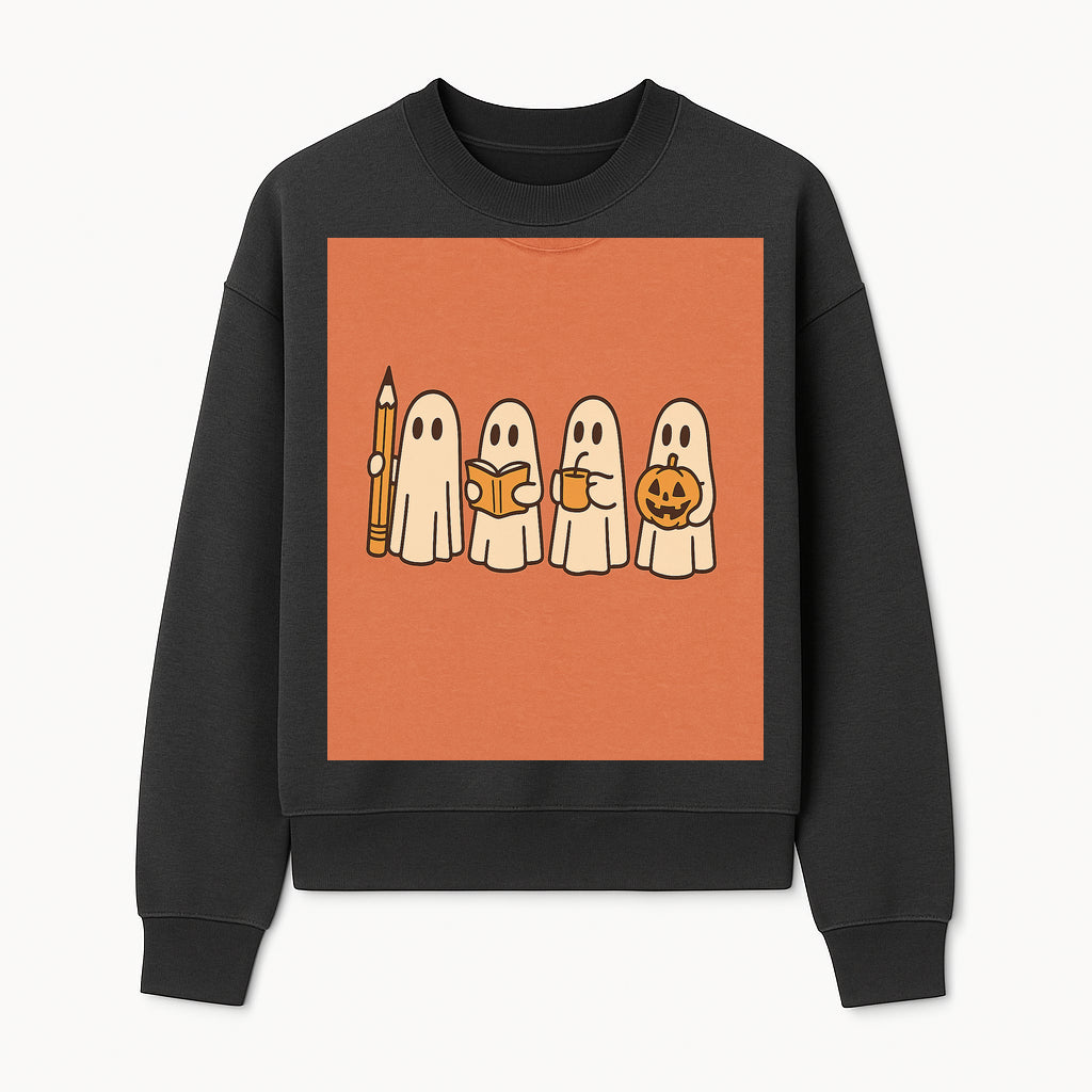Cute Ghosts Reading, Writing, Drinking, and Celebrating Halloween Graphic Tee, Cozy Fall Top, Halloween Costume Shirt for Kids and Adults - Sweatshirt 1758093383359.jpg