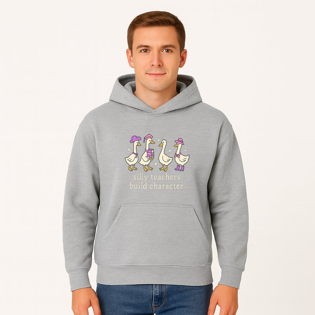 Silly Teachers Build Character - Cute Duck Illustration, Educational Gift, Fun Classroom Decor, Teacher Appreciation, Kids Learning - Hoodie 1758093383456.jpg