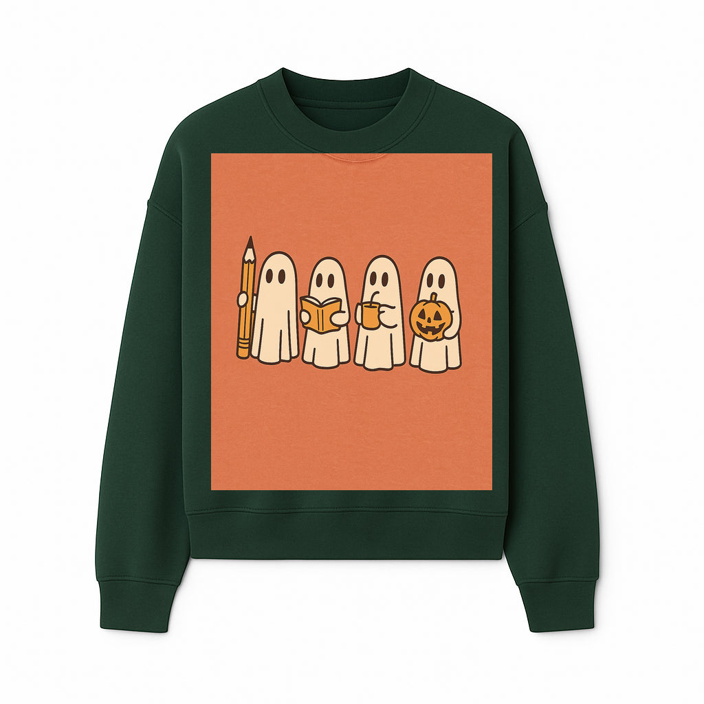 Cute Ghosts Reading, Writing, Drinking, and Celebrating Halloween Graphic Tee, Cozy Fall Top, Halloween Costume Shirt for Kids and Adults - Sweatshirt 1758093383538.jpg